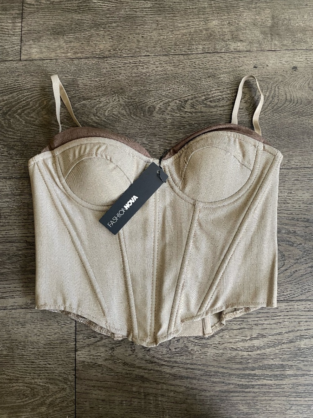 Fashion Nova | Heat Check Pinstripe Corset | Small, Taupe/combo
